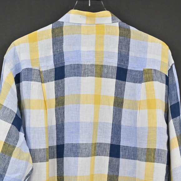 J McLaughlin Mens Plaid Collared Shirt Size XL Linen Blue Yellow Button Down - Picture 11 of 12